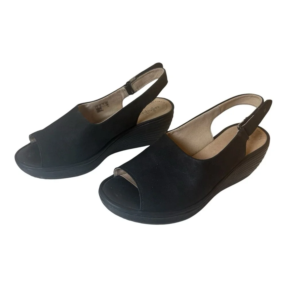 Clarks Reedly Shaina Wedge Sandals Black Leather Adjustable Straps Size 9.5
